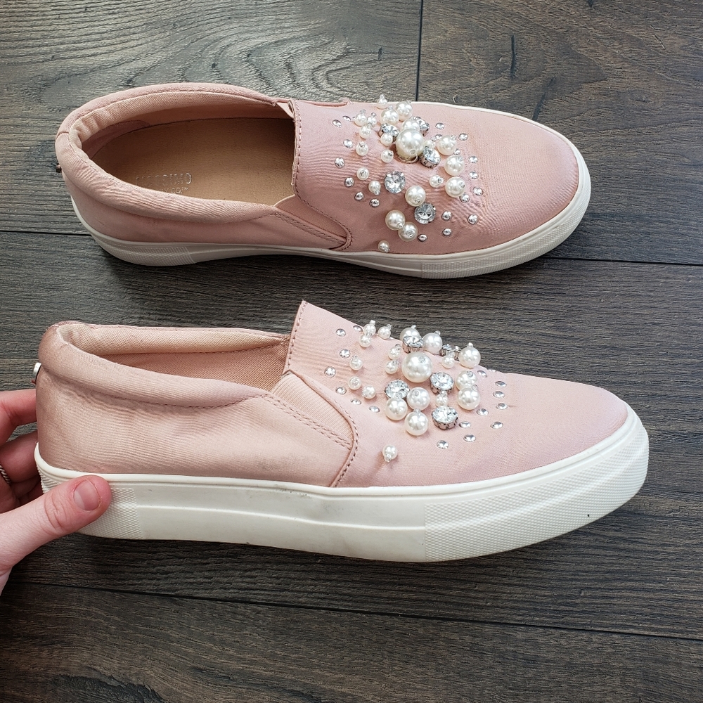Target pink satin pearl slip on sneakers